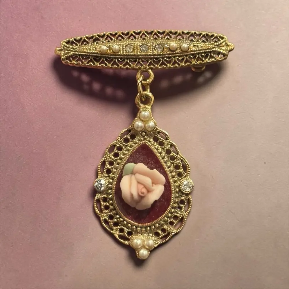 Victorian Rose Cameo Dangle Brooch 1928 Gold Filigree Pearl Rhinestone